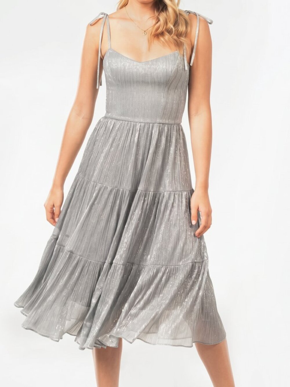 Dress The Population Dream Metallic Tiered Midi Dress Silver Gray L Nwt